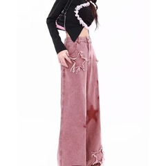 Quần jeans màu hồng họa tiết ngôi sao ống rộng thêu họa tiết dáng suông QJ025250