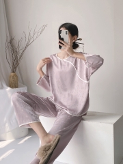 Bộ đồ ngủ dài tay quần dài cổ tròn, lụa băng, phong cách Giang Nam XINY DN108250