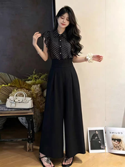 Set 2 món: Áo sơ mi chấm bi tay cánh tiên + Quần ống rộng cạp cao B387