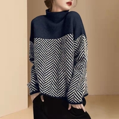 Áo len cao cổ nửa khối màu retro 2024 mùa thu đông phong cách mới thiết kế rộng rãi D317240
