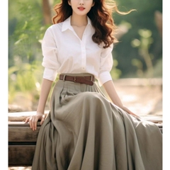 Set đầm áo sơ mi và chân váy kèm belt voan phong cách Hàn Quốc D498240