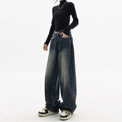 Quần jeans ống rộng cap cao chun dáng suông phong cách cổ điển QJ024250