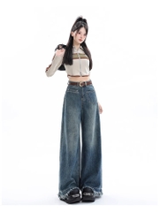 Quần Jean Nữ Ống Rộng Phong Cách Retro Mỹ, Gấu Sơ Vin, Cạp Cao, Dáng Suông Tôn Dáng, Thiết Kế Mới QJ060250