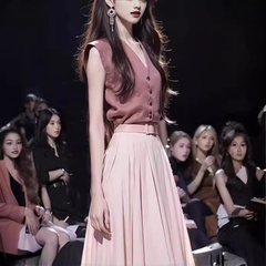 Set bộ Hồng áo ghile sát nách phối chân váy tương phản phong cách Hàn Quốc xu hướng D371240