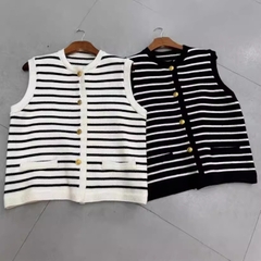 Áo khoác Cardigan len dệt kim kẻ sọc cổ tròn kiểu pháp xu hướng thu đông D316240