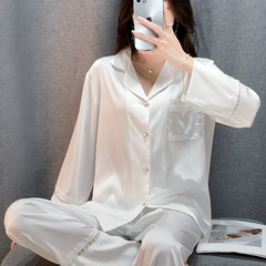 Bộ Đồ Ngủ Lụa Băng Mùa Xuân Thu, Mặc Ngoài Ren Đôi Quần Dài Tay Đơn Giản DN155250
