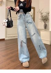 Quần Jean Nữ Size Lớn Thêu Chữ, Dáng Suông Rộng, Cạp Cao, Che Khuyết Điểm Cho Dáng Quả Lê, Thoải Mái Thanh Lịch QJ059250