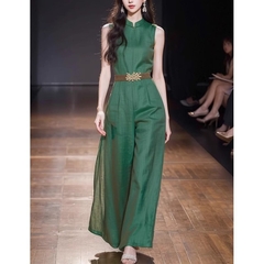 Jumpsuit cộc tay dáng suông màu xanh kèm belt phong cách Trung Hoa D246240