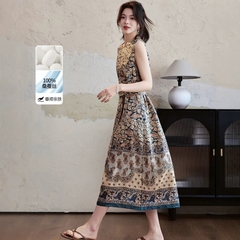 Đầm Voan Hoa Cổ Tròn Dáng Dài Phong Cách Nghỉ Dưỡng Châu Âu