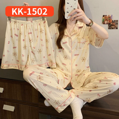 Bộ Đồ Ngủ Nữ Vải Nhăn 3 Món Tay Ngắn - Họa Tiết Nơ Ngọt Ngào Phong Cách Hàn