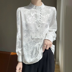 Áo Sơ Mi Nữ Tay Dài Phong Cách Trung Hoa - Cổ Đứng Dệt Jacquard, Cài Cúc Truyền Thống, Thanh Lịch