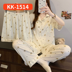 Bộ Đồ Ngủ Nữ Vải Nhăn 3 Món Tay Ngắn - Họa Tiết Nơ Ngọt Ngào Phong Cách Hàn