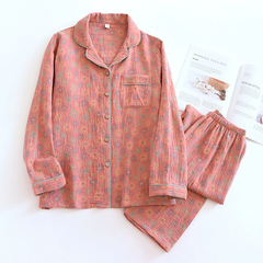 Bộ Đồ Ngủ Pyjama Vải Xô Cotton Jacquard Dài Tay Họa Tiết Vintage