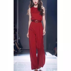 Jumpsuit Lụa ngọc trai cộc tay dáng suông màu đỏ kèm belt phong cách Trung Hoa D271240