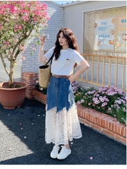 Set áo phông và chân váy denim phối ren độc đáo, phong cách Hàn Quốc mùa hè mới 2025 D153250