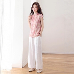 Set 2 món tân trung hoa: Áo sa tanh dệt hoa văn + Quần ống rộng B591