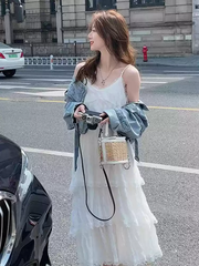 Set áo khoác denim váy yếm phong cách kỳ nghỉ siêu tiên ngọt ngào trẻ trung mùa xuân 2025 D149250