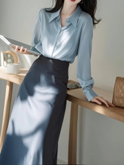 Set áo sơ mi + váy vest nữ phong cách cao lạnh, bộ đồ công sở đầu thu 2025 màu xanh thanh lịch D145250