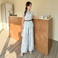 Set 2 món sơ mi chiết eo + quần ống rộng lưng cao B592