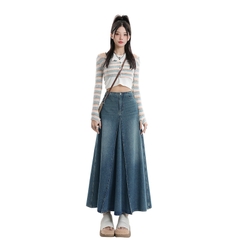 Váy denim xòe retro dáng chữ A xẻ tà cạp cao dáng dài XINY QJ046250