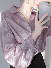 Áo sơ mi satin jacquard màu tím, kiểu Pháp, dài tay, phong cách độc đáo D108250