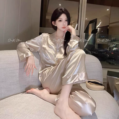 Bộ Đồ Ngủ Pijama Nữ Chất Mô Phỏng Lụa Đính Đá - Áo Dài Tay Phối Quần Dài, Sang Trọng