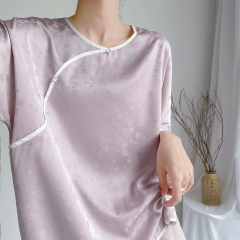Bộ đồ ngủ dài tay quần dài cổ tròn, lụa băng, phong cách Giang Nam XINY DN108250
