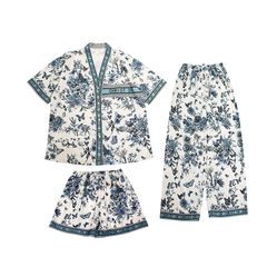 : Đồ ngủ Pijama lụa cao cấp 3 món họa tiết xanh hoàng gia sang trọng DN418240