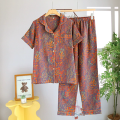 Bộ đồ ngủ cotton họa tiết Jacquard hoa lá - áo cổ vest, quần dài