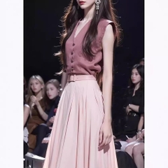 Set bộ Hồng áo ghile sát nách phối chân váy tương phản phong cách Hàn Quốc xu hướng D371240