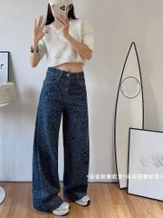  Quần Jean ống rộng cạp cao họa tiết xanh đốm phong cách Hàn Quốc QJ129240
