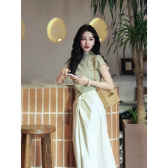 Set áo len mongtoghi chân váy voan xanh mint phong cách tiểu thư D222240