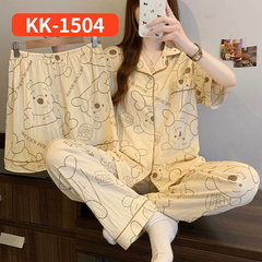 Bộ Đồ Ngủ Nữ Vải Nhăn 3 Món Tay Ngắn - Họa Tiết Nơ Ngọt Ngào Phong Cách Hàn