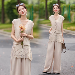 Set 3 món: Áo gile ren cổ V + Quần ống rộng B489