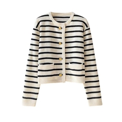 Áo khoác Cardigan len dệt kim kẻ sọc cổ tròn kiểu pháp xu hướng thu đông D316240