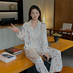 Bộ Đồ Ngủ Lụa Băng Mới Cho Nữ Phong Cách Xuân Hè Cao Cấp, Dài Tay Ren DN163250