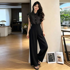 Set 2 món: Áo sơ mi chấm bi tay cánh tiên + Quần ống rộng cạp cao B387