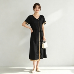Đầm sa tanh giả 2 lớp dây buộc tân trung hoa B0626