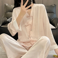 Đồ ngủ Pijama lụa xước hàng hiệu cổ trung hoa đơn giản, thanh lịch DN421240