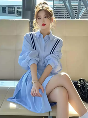 Đầm sơ mi dáng ngắn tay ngắn kèm thắt lưng phong cách thanh lịch Hàn Quốc mùa hè 2025 trẻ trung D150250