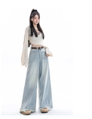 Quần Jean Nữ Ống Rộng Phong Cách Retro Mỹ, Gấu Sơ Vin, Cạp Cao, Dáng Suông Tôn Dáng, Thiết Kế Mới QJ060250
