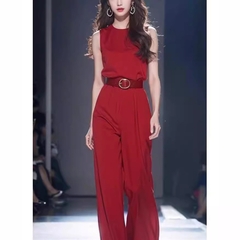 Jumpsuit Lụa ngọc trai cộc tay dáng suông màu đỏ kèm belt phong cách Trung Hoa D271240