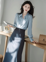 Set áo sơ mi + váy vest nữ phong cách cao lạnh, bộ đồ công sở đầu thu 2025 màu xanh thanh lịch D145250