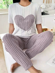 Bộ đồ ngủ nữ họa tiết dễ thương, quần dài ống suông - vải gân thun ấm áp