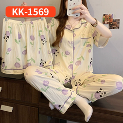 Bộ Đồ Ngủ Nữ Vải Nhăn 3 Món Tay Ngắn - Họa Tiết Nơ Ngọt Ngào Phong Cách Hàn