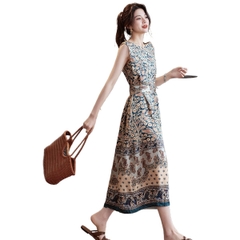 Đầm Voan Hoa Cổ Tròn Dáng Dài Phong Cách Nghỉ Dưỡng Châu Âu