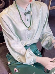 Áo lụa tơ tằm dâu tằm màu xanh lá cây Zhensi, nút jacquard cổ điển, phong cách Trung Hoa D112250
