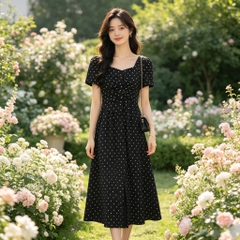 Đầm cổ vuông xẻ tà giả 2 lớp phong cách Hàn B638