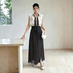 Set 2 món: Áo sơ mi không tay + Quần ống rộng xẻ tà phong cách Pháp B613