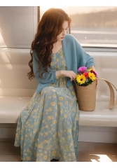 Váy hoa xanh phong cách Hàn Quốc, cardigan cao cấp khí chất sang trọng D106250